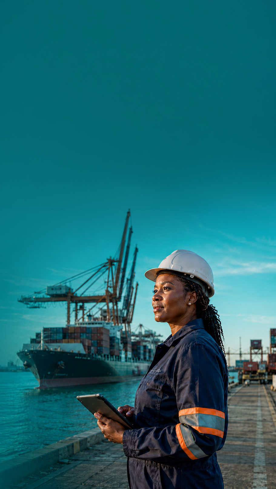 A women-led logistics specialist reviewing cargo operations at a container port